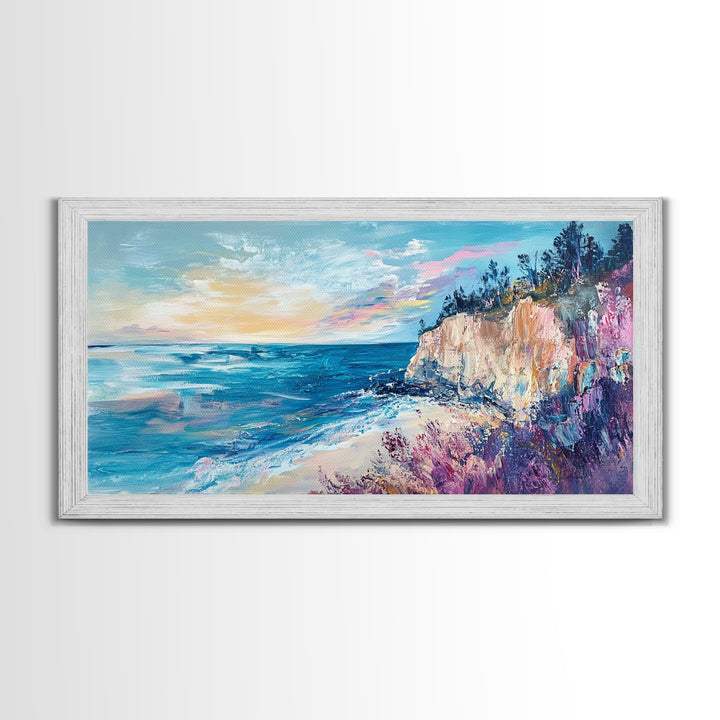 Coastal Cliffs, Sunset Ocean View, Seascape Wall Art, Coastal Landscape Art, Nautical Decor, Framed Canvas Print, Extra Wide Art