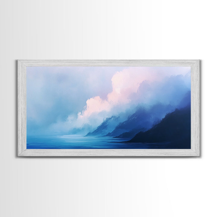 Blue Mountain Mist, Moody Landscape, Coastal Landscape Art, Minimalist Art, Extra Wide Art, Framed Canvas Print, Living Room Art