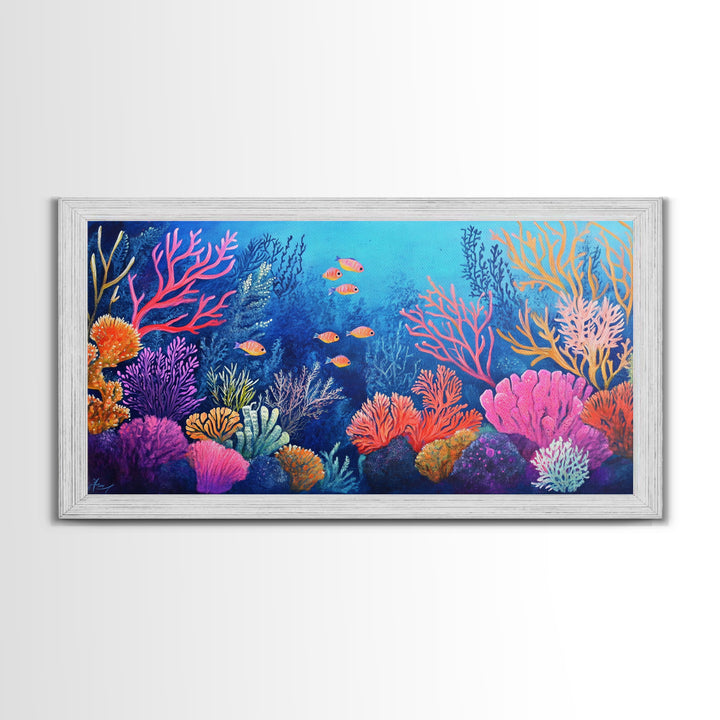 Coral Reef, ocean painting, whimsical art, koi fish painting, marine life art, vibrant wall art, coastal decor, Framed Canvas Print
