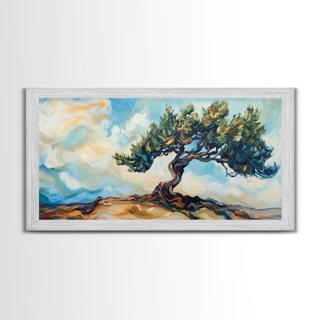 Oak Tree Art, Landscape Painting, Windy Tree Art, Wabi Sabi Art, Rustic Wall Art, Nature Wall Art, Living Room Art, Framed Canvas Print
