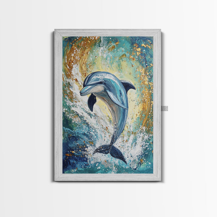 Dolphin, ocean painting, coastal wall art, nautical painting, framed canvas print, blue and green wall art, sea life decor