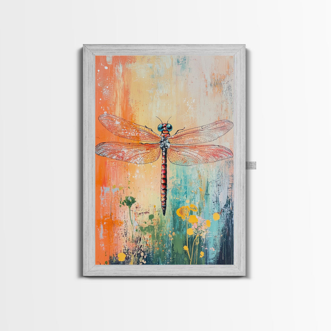 Dragonfly, botanical prints, whimsical art, light pink wall art, framed canvas print, nature art, boho decor, insect artwork