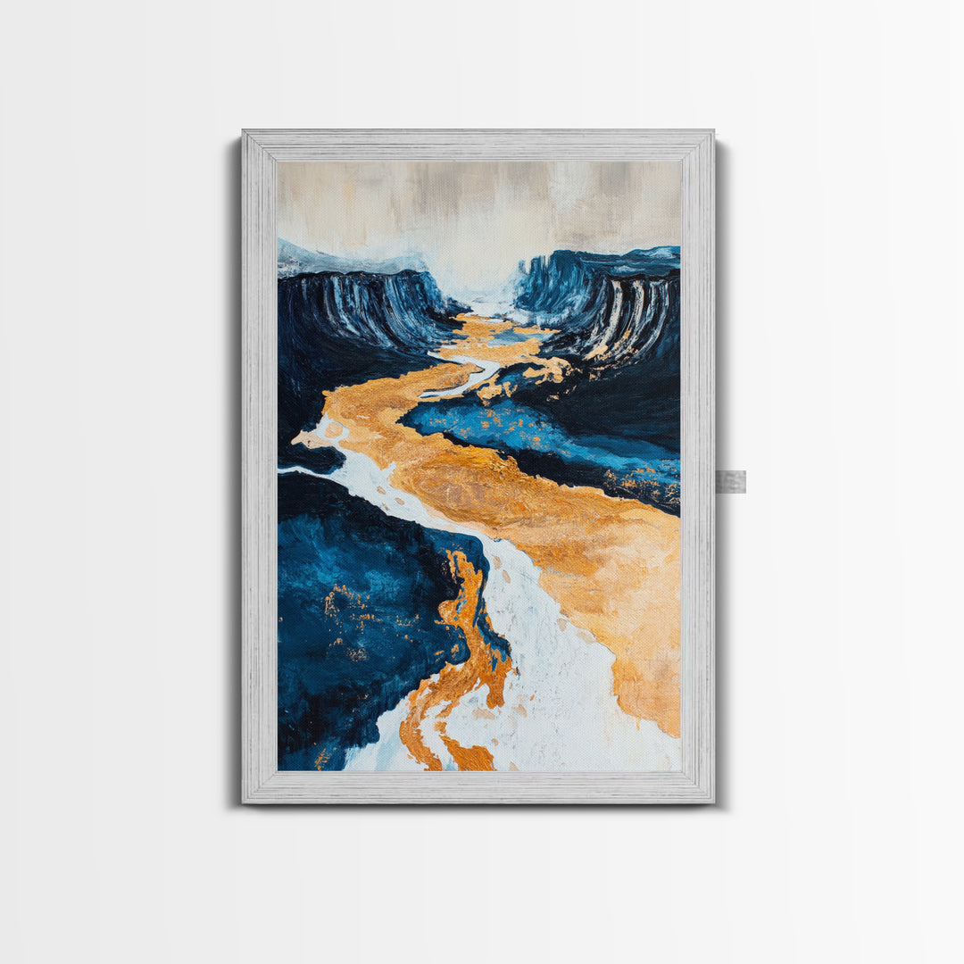 River, landscape painting, panoramic painting, wabi sabi art, framed canvas print, extra wide art, moody art, gold abstract art