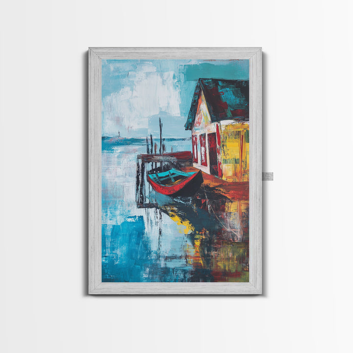 Rustic Boat Painting, Fishing Village Art, Coastal Landscape, Nautical Decor, Rustic Wall Art, Framed Canvas Print