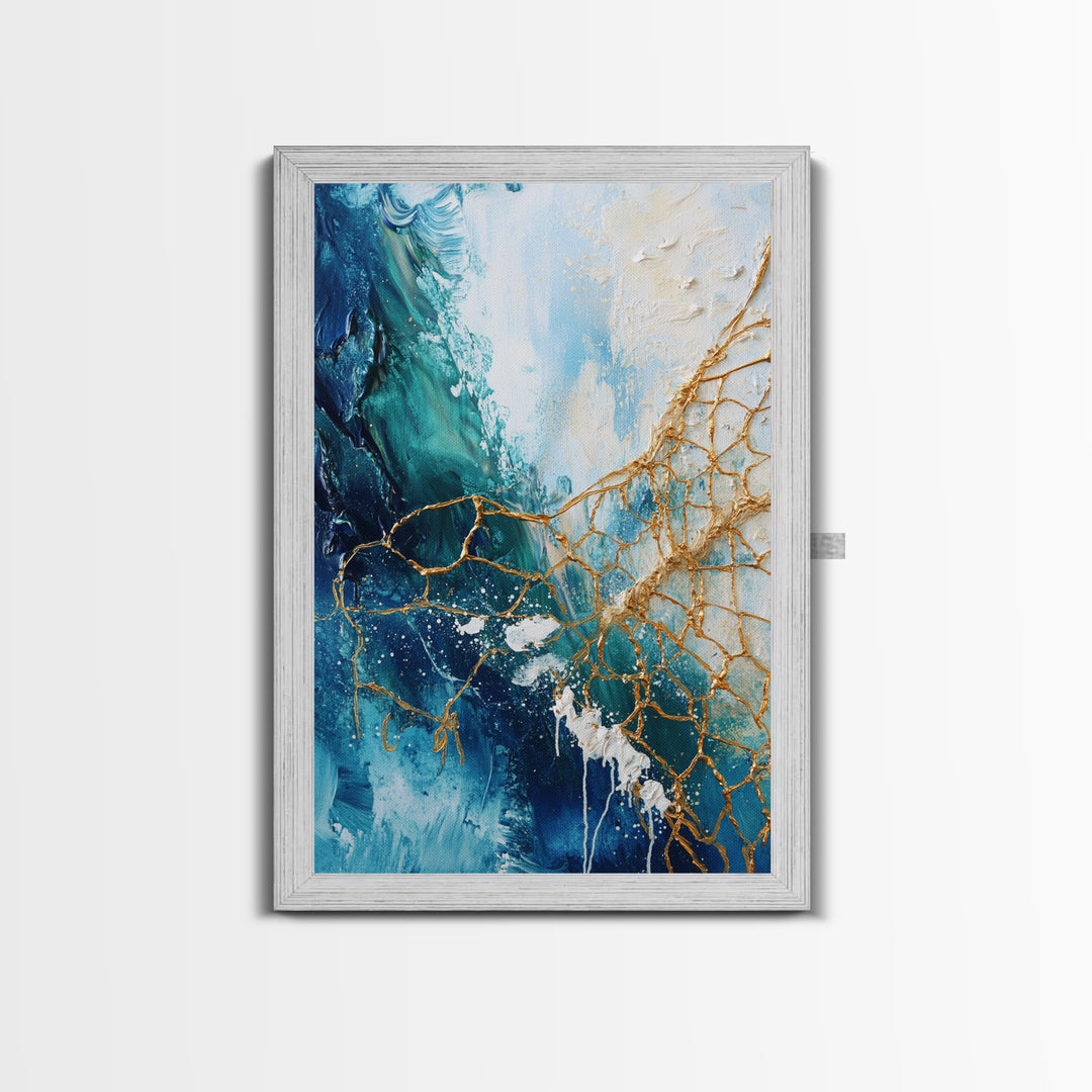 Abstract Ocean Painting, Coastal Wall Art, Blue and Gold Art, Nautical Decor, Contemporary Seascape, Canvas Print