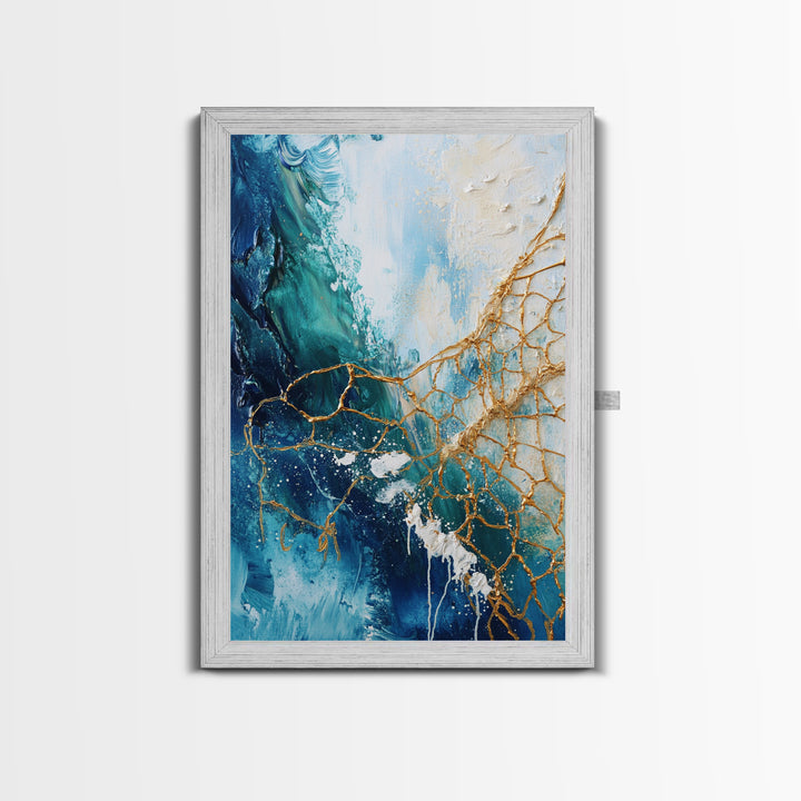 Abstract Ocean Painting, Coastal Wall Art, Blue and Gold Art, Nautical Decor, Contemporary Seascape, Canvas Print