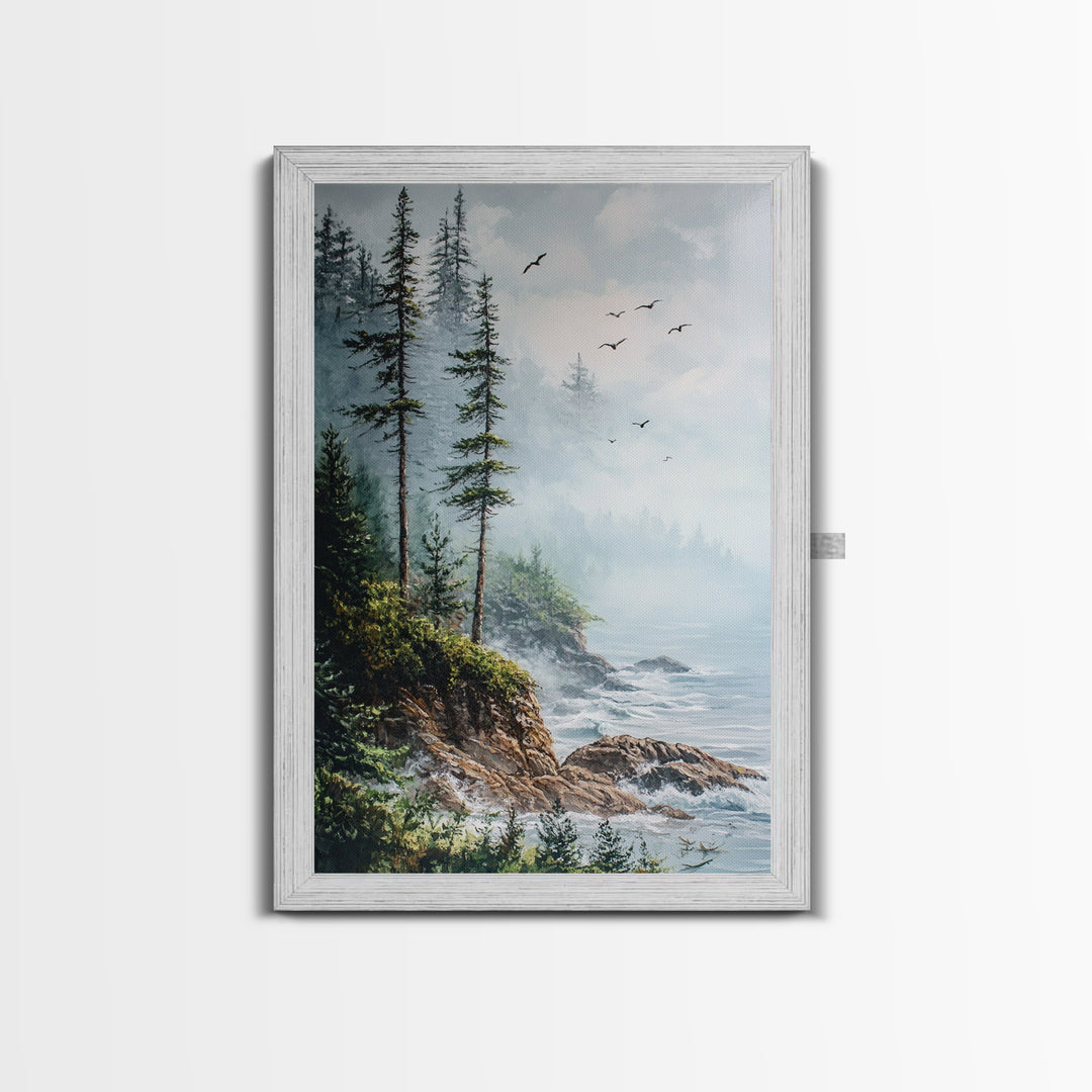 Coastal Cliff, ocean waves, pine tree art, landscape painting, coastal wall art, rustic decor, framed canvas print, nautical art