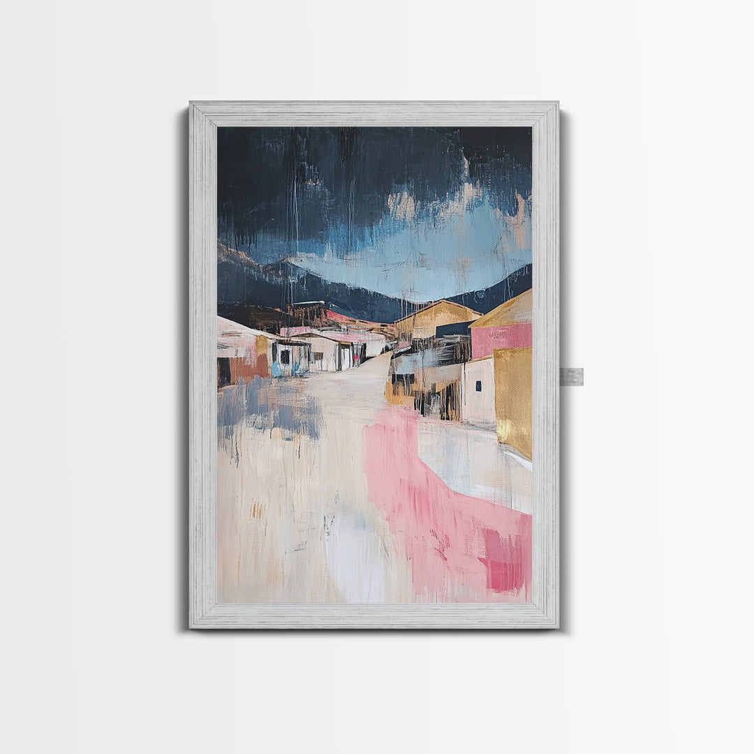 Desert Village, southwest wall art, moody art, warm tones, rustic decor, Joshua tree art, framed canvas print, abstract landscape