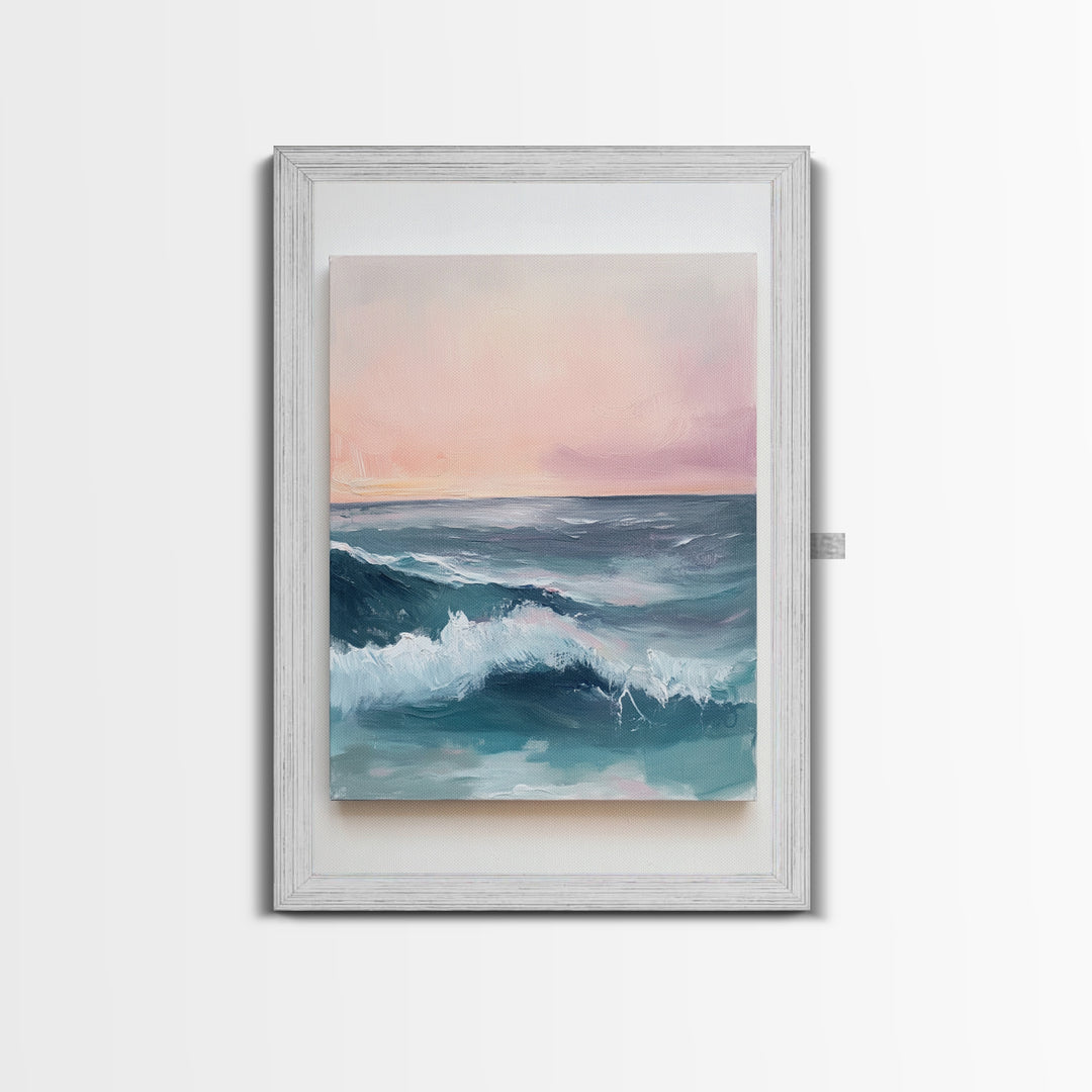Ocean Sunset Waves, coastal decor, nautical painting, pink orange wall art, coastal landscape art, Canvas Print