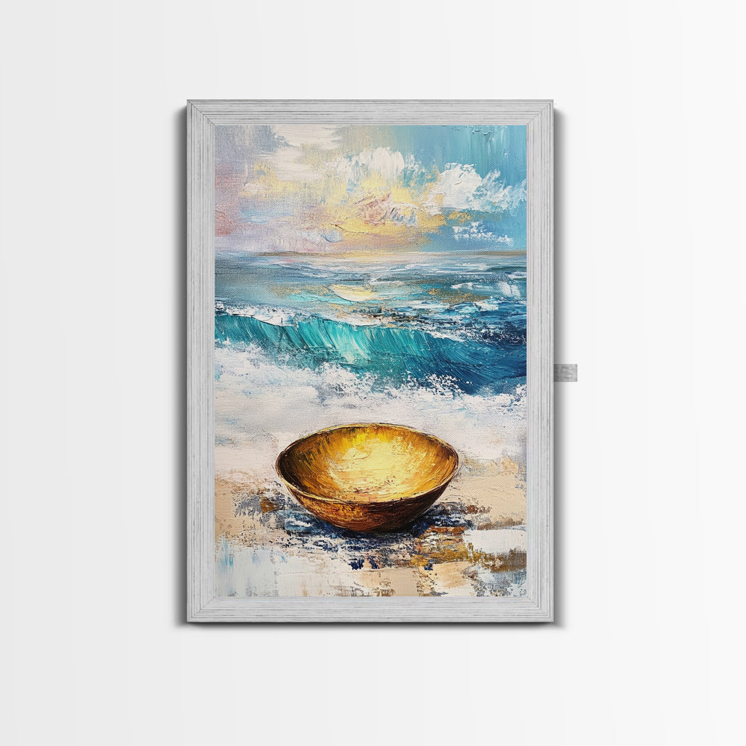 Ocean and Golden Bowl, coastal decor, nautical wall art, rustic wall art, abstract painting, seascape painting, Canvas Print