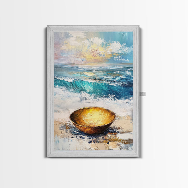 Ocean and Golden Bowl, coastal decor, nautical wall art, rustic wall art, abstract painting, seascape painting, Canvas Print