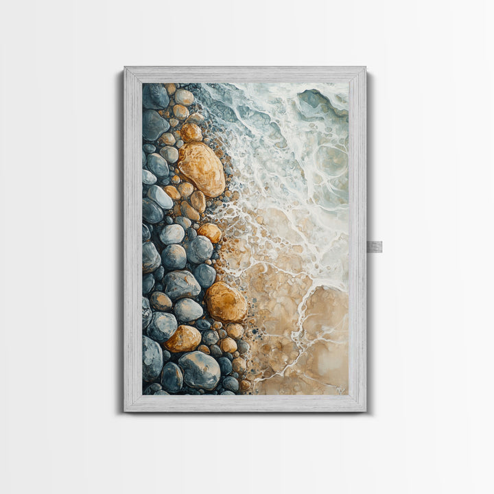 Ocean Shore Rocks, coastal wall art, surf wall art, beach house decor, nautical wall art, boho art, Framed Canvas Print