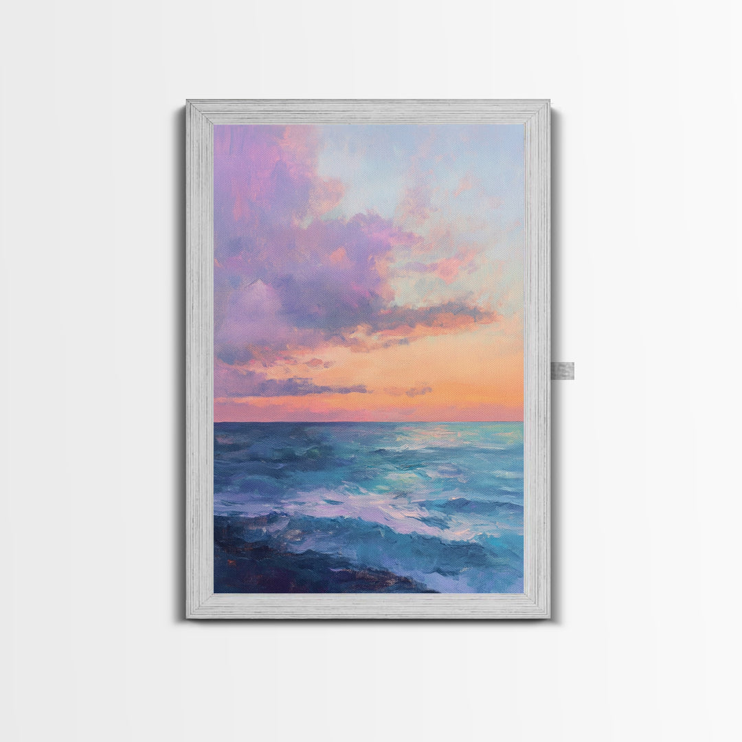 Ocean Sunset View, coastal landscape art, pink orange wall art, seascape painting, framed canvas print, bedroom art, nautical decor