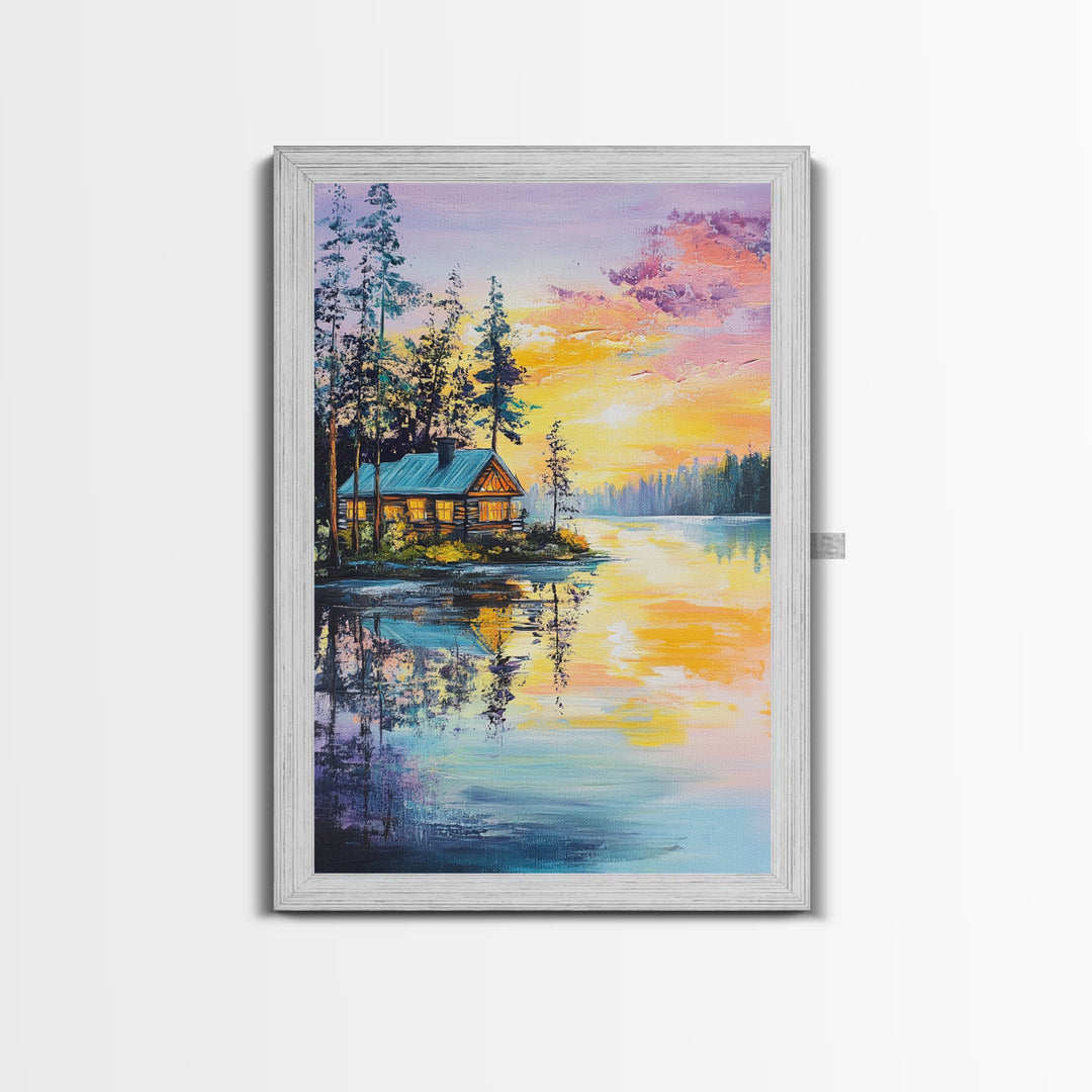 Cabin, Lake, Sunset, Framed Canvas Print, landscape painting, rustic wall art, above bed wall art, pine tree art, above sofa art