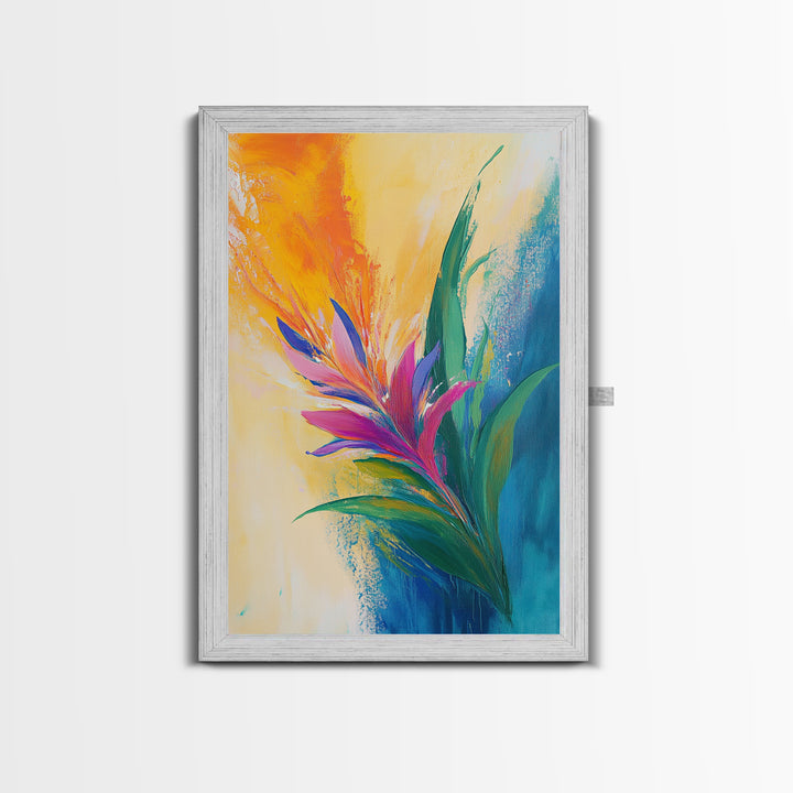 Bird of Paradise, Floral, Vibrant, Framed Canvas Print, botanical prints, tropical art, wildflower painting, boho art, pink orange wall art