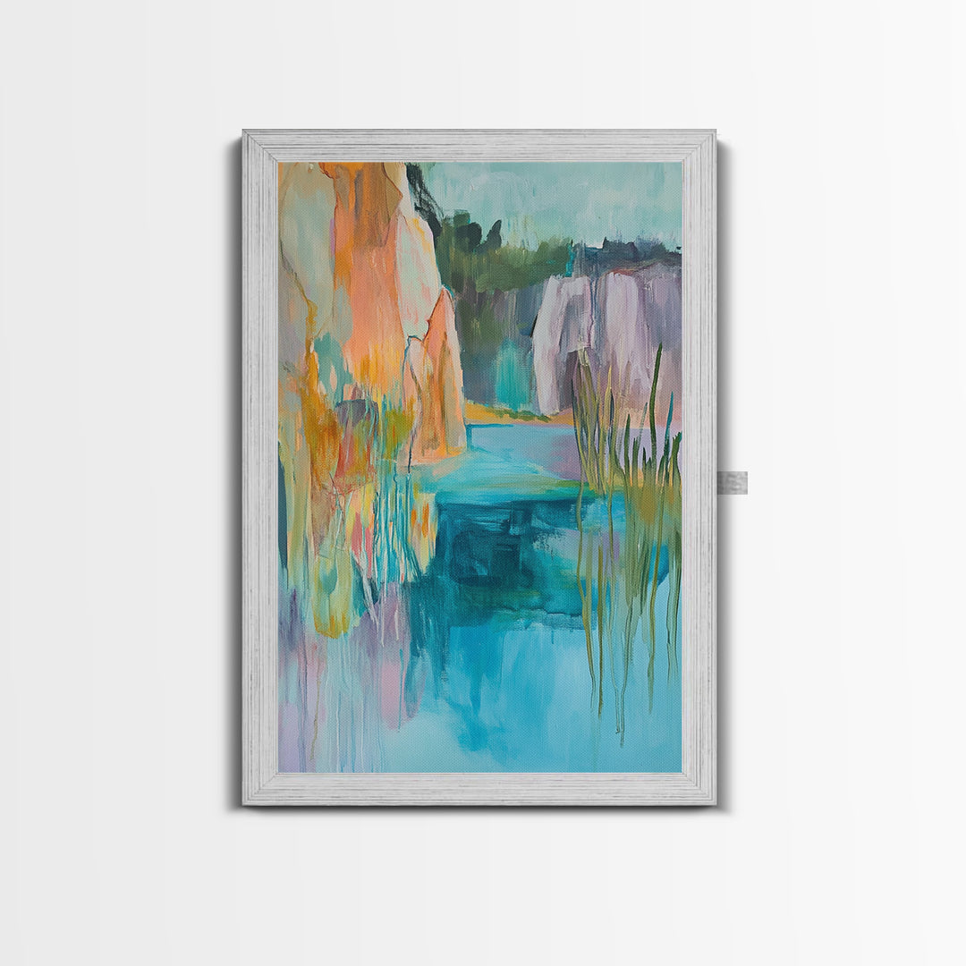 Abstract Landscape, blue and green wall art, horizon painting gray white, rustic art, gift idea for her, Framed Canvas Print