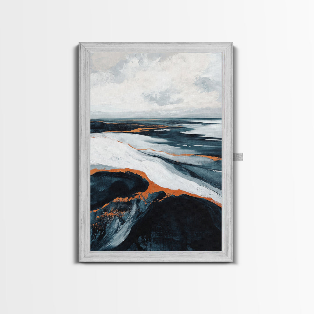 abstract seascape painting, blue and green wall art, modern coastal decor, wabi sabi art, Framed Canvas Print, extra wide art, moody art