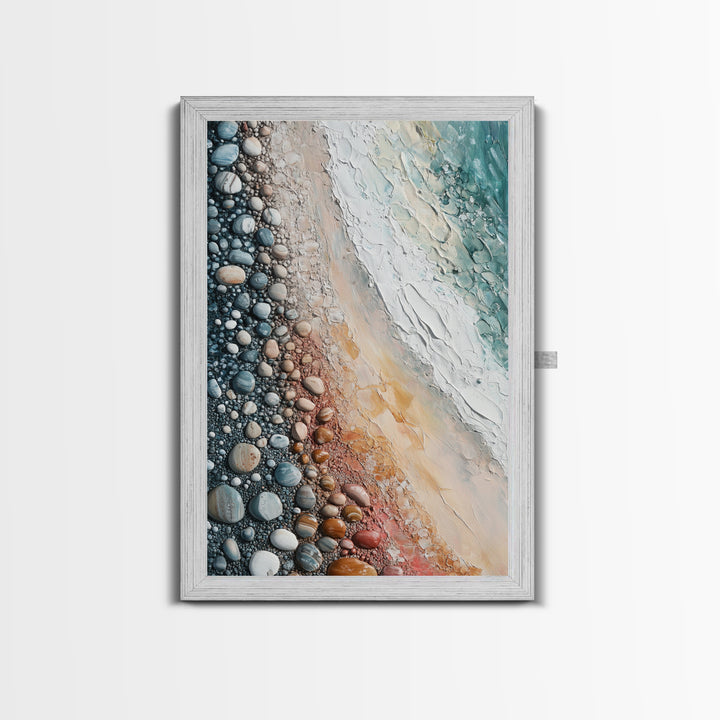Pebble Beach, coastal painting, nautical decor, wabi sabi art, abstract seascape, textured wall art, ocean print, canvas print