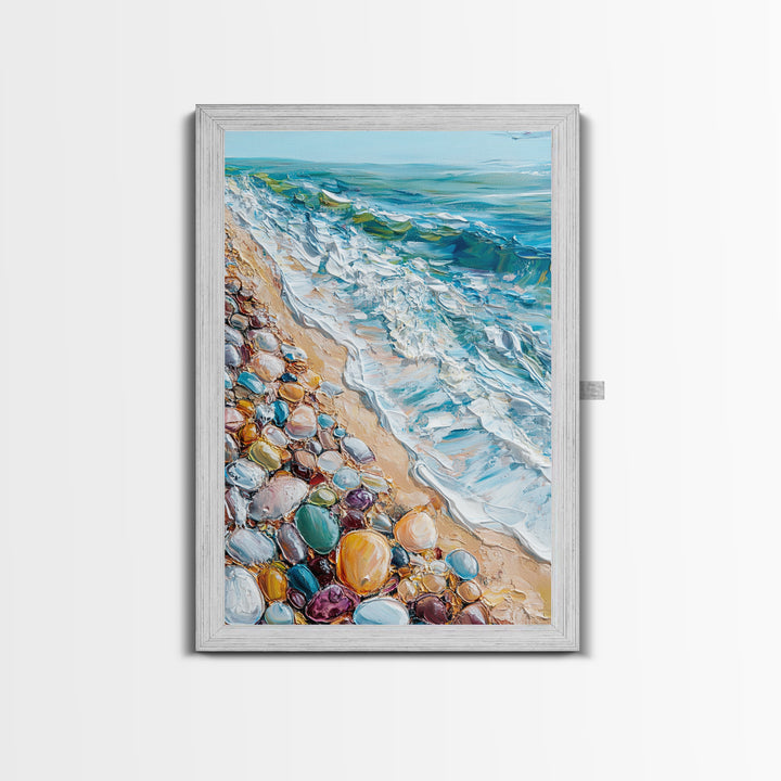 Ocean Shore, beach painting, coastal landscape art, nautical wall art, living room art, abstract seascape, framed canvas print