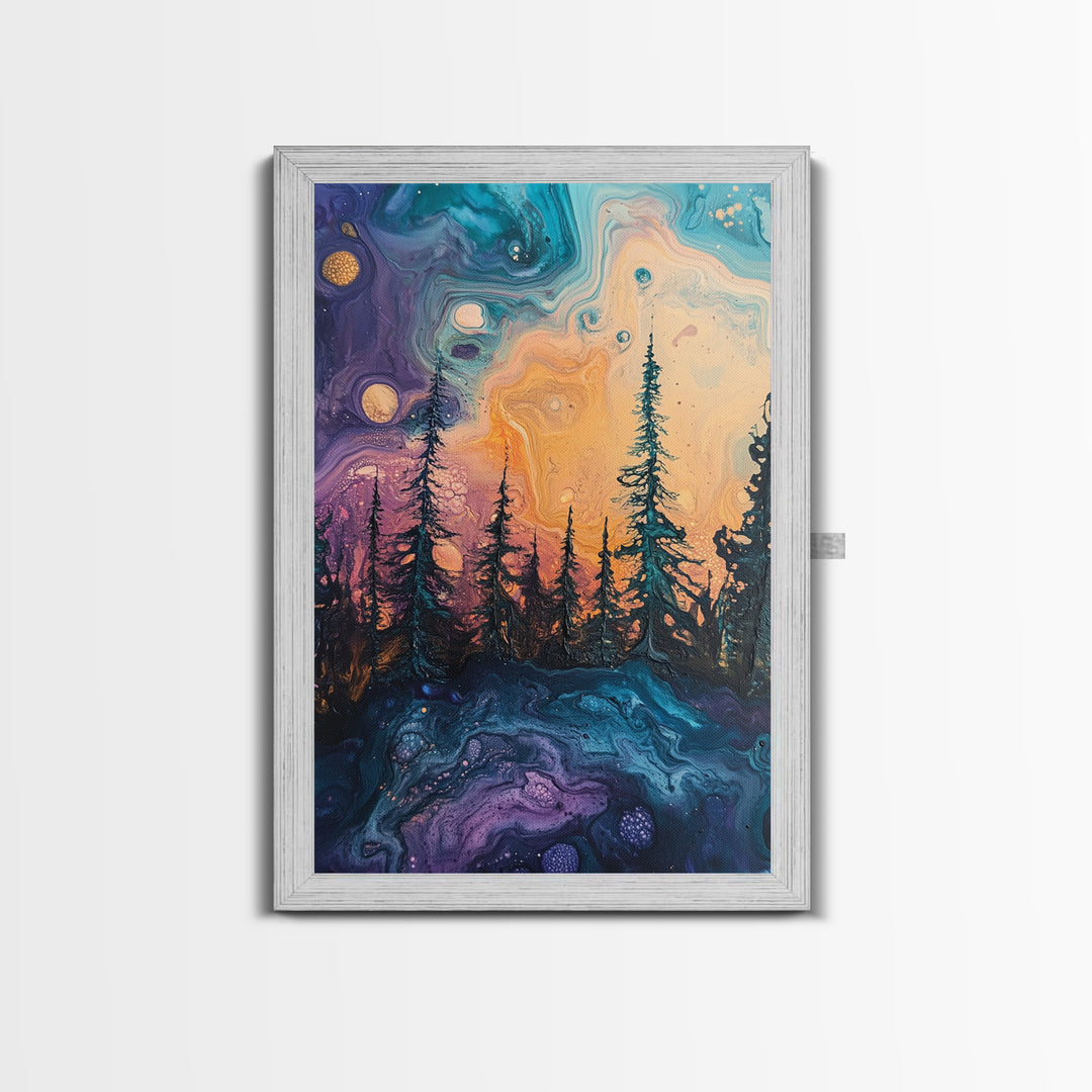 Cosmic Trees, forest at dusk painting, pine tree art, fantasy landscape, moody art, celestial wall art, mystical art, canvas print