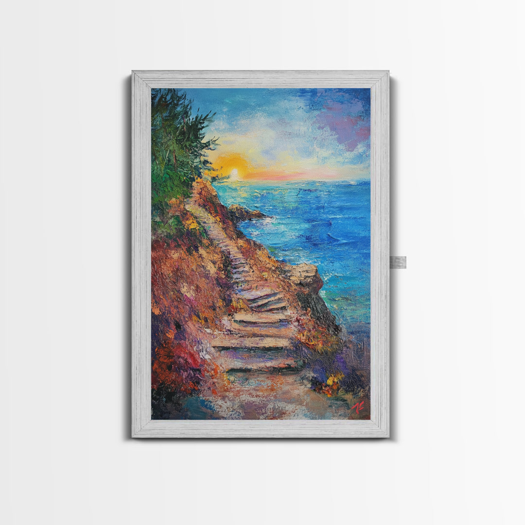 Coastal Path, landscape painting, nautical wall art, above sofa art, rustic decor, ocean view art, textured painting, canvas print