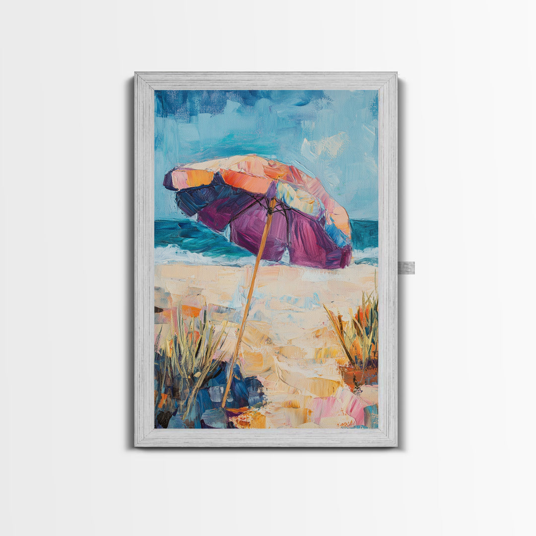 Beach Umbrella, Coastal Wall Art, Seascape Painting, Nautical Decor, Ocean Painting, Coastal Landscape Art, Framed Canvas Print