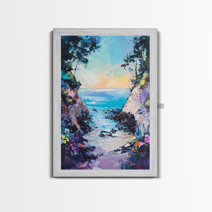 Coastal Cove, seascape painting, coastal decor, nautical wall art, blue and green wall art, framed canvas print, guest room art