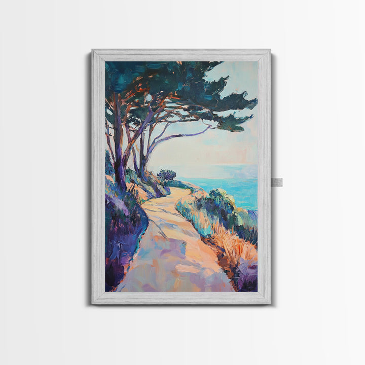 Ocean Cliff Path, coastal landscape art, pine tree art, rustic wall art, blue and green wall art, framed canvas, above bed wall art
