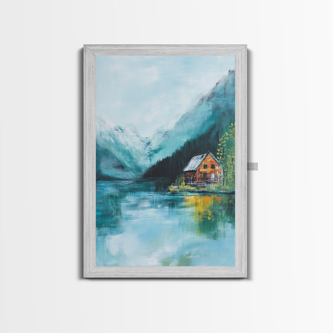 Cabin by Lake, lake Tahoe art, mountain painting, rustic wall art, bedroom art, nature wall art, framed canvas print, home decor