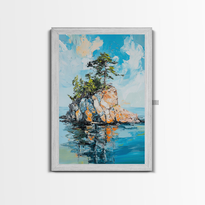Rocky Island, Nature Painting, Canvas Print, Coastal Landscape Art, Ocean Wall Art, Nautical Decor, Living Room Art, Gift Idea