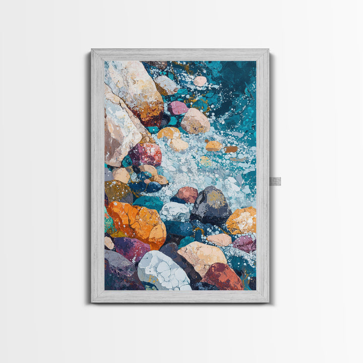 Pebble Beach, Ocean Painting, Canvas Print, Coastal Wall Art, Nautical Decor, Whimsical Art, Abstract Nature Art, Gift Idea