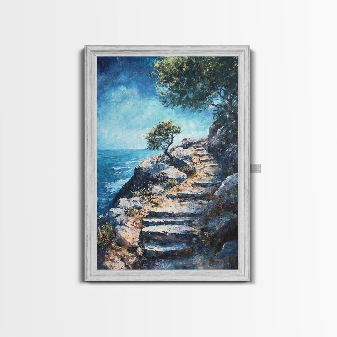 Rocky Path, Seaside Painting, Canvas Print, Coastal Landscape Art, Nautical Wall Art, Rustic Art, Above Bed Wall Art, Gift Idea