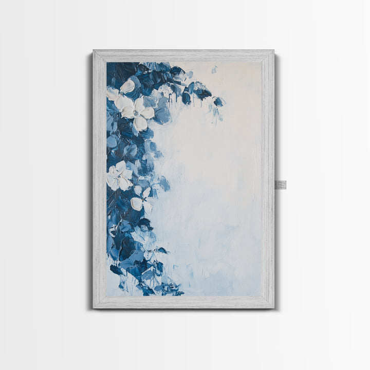 Blue Floral Framed Canvas Print Modern Botanical Wall Art, Minimalist Flower Painting, Elegant Bedroom Decor, Contemporary Art Gift