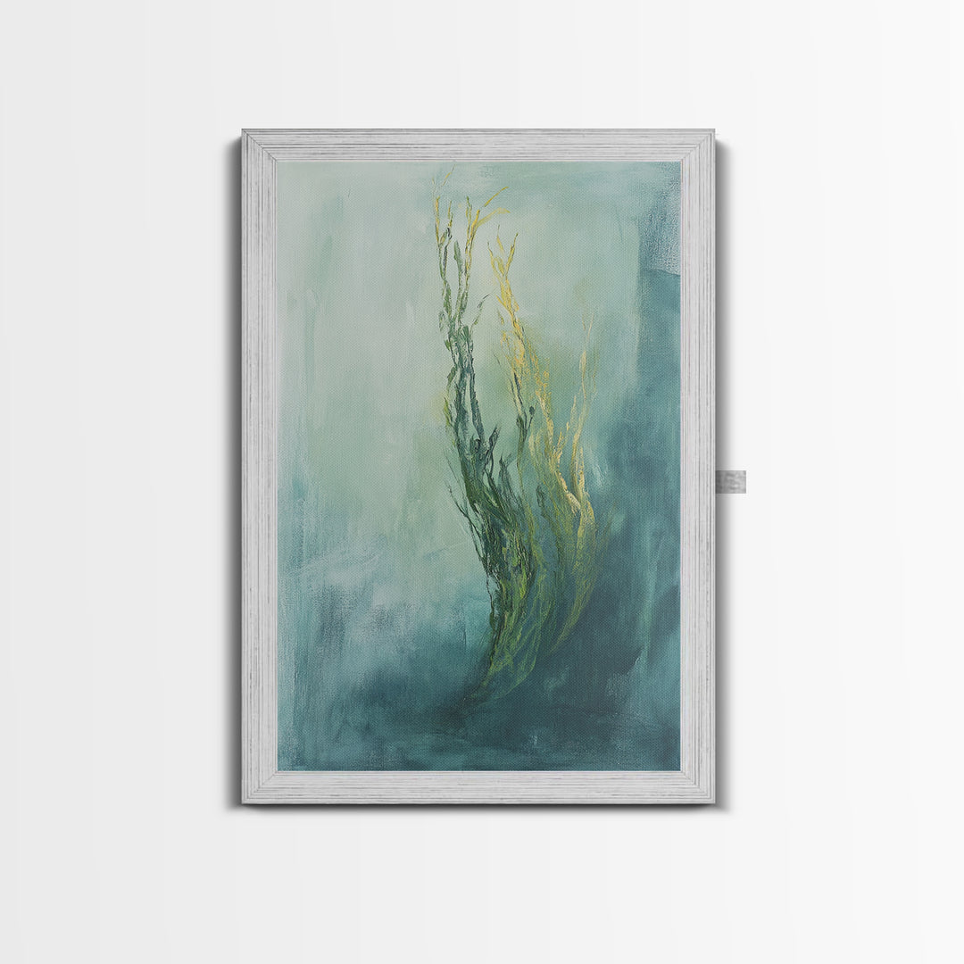Abstract Seaweed Framed Canvas Print Minimalist Ocean Art, Coastal Botanical Wall Decor, Blue Green Seaside Painting, Serene Home Style