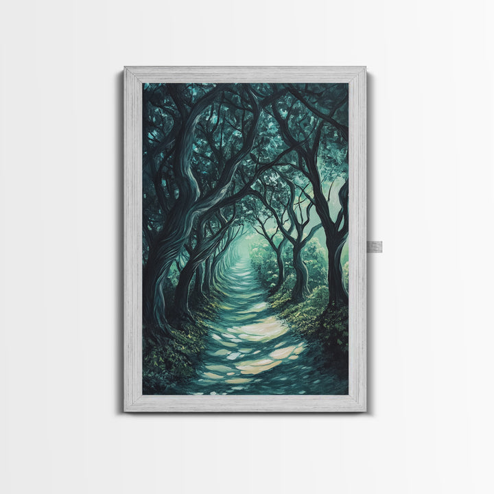 Mystical Tree Tunnel Framed Canvas Print Enchanted Forest Art, Fantasy Landscape, Dark Green Nature Decor, Living Room Wall Art