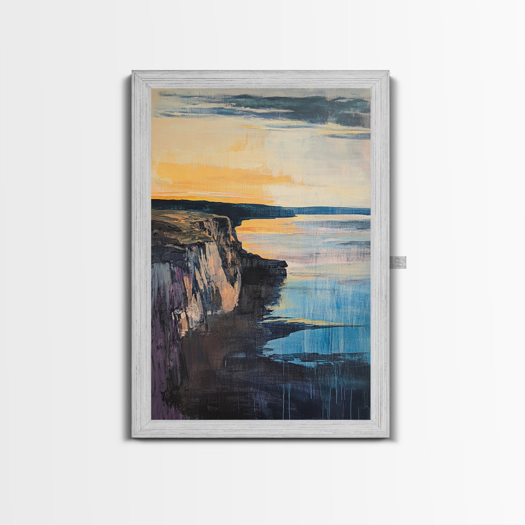 Dramatic Cliff Sunset Canvas Print Coastal Landscape Wall Art, Ocean Sunset Painting, Modern Beach Decor, Bedroom Aesthetic