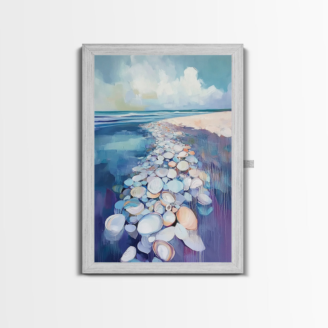 Coastal Shell Path Framed Canvas Print Beach House Decor, Nautical Ocean Art, Seaside Aesthetic, Living Room Coastal Wall Art