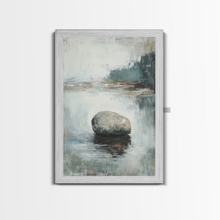 Serene River Rock Canvas Print Nature Inspired Wall Art, Minimalist Landscape Painting, Zen Decor, Neutral Tones, Living Room Artwork