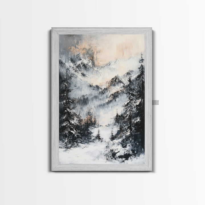 Snowy Mountain Scene Canvas Print Winter Wonderland Wall Art, Alpine Landscape Painting, Cozy Cabin Decor, Neutral Holiday Artwork