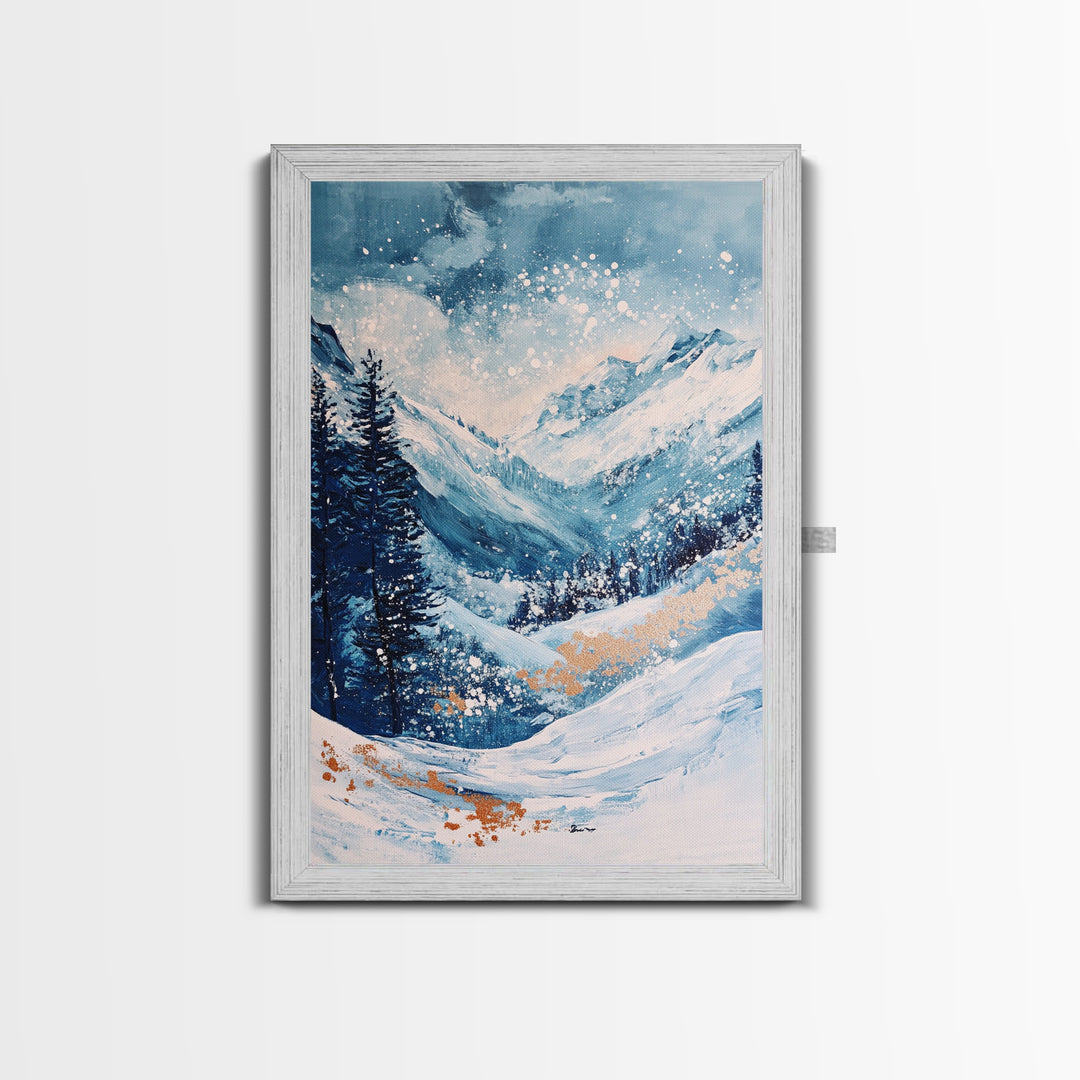 Blue Winter Wonderland Canvas Print Snowy Mountain Art, Nordic Landscape Painting, Ski Lodge Wall Decor, Christmas Holiday Artwork