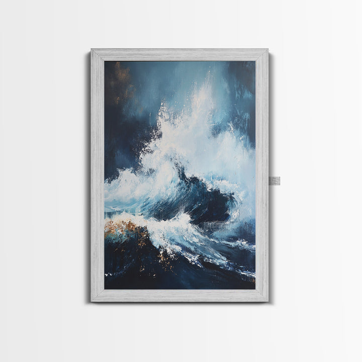Ocean Wave Power Framed Canvas Print, Coastal Wall Art, Abstract Seascape Painting, Nautical Decor, Beach House Art, Modern Ocean Art