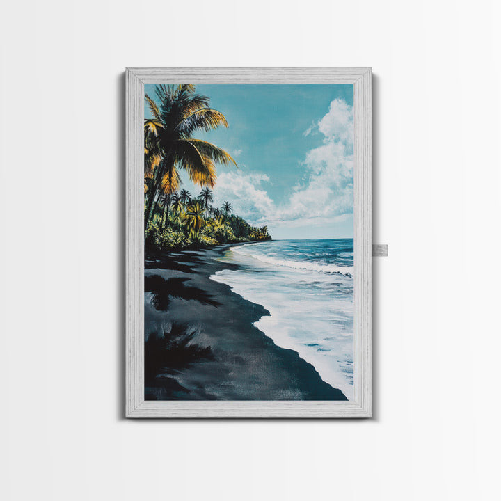Black Sand Beach, Hawaii Art, Palm Tree Painting, Coastal Wall Art, Nautical Decor, Living Room Art, Canvas Print, Gift Idea