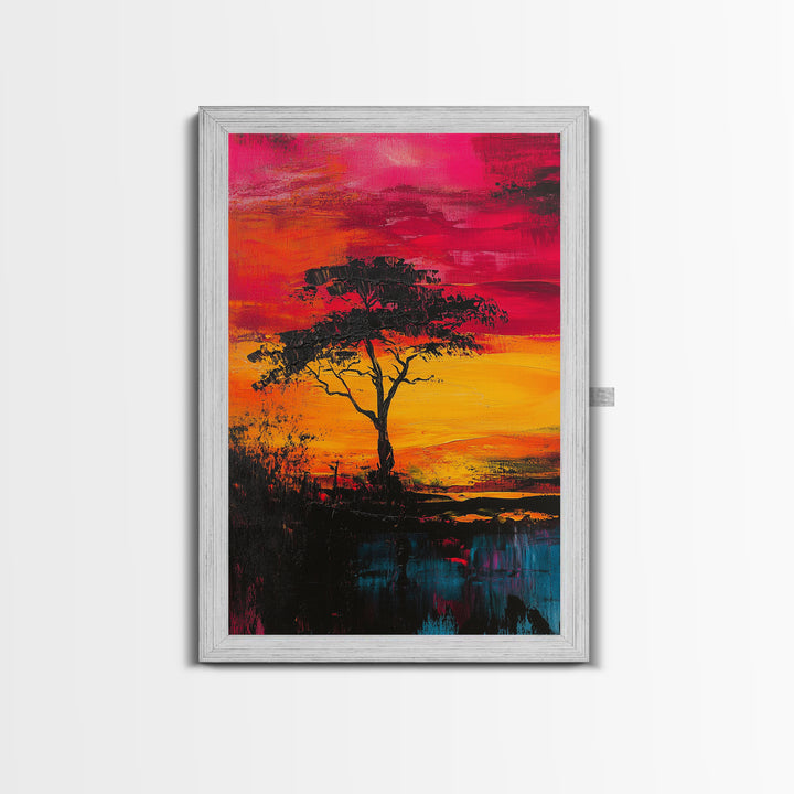 African Sunset Framed Canvas Print | Savanna Landscape Painting | Tree Silhouette Wall Art | Warm Sunset Decor | Rustic Home Art