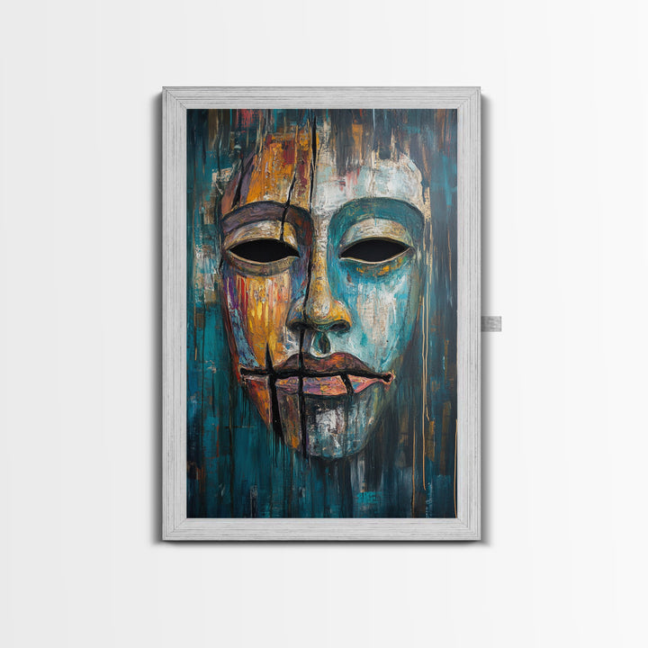 Abstract Mask Art Framed Canvas Print Ethnic Wall Decor Tribal Face Artwork Modern Expressionist Painting Boho Home Aesthetic Living Room