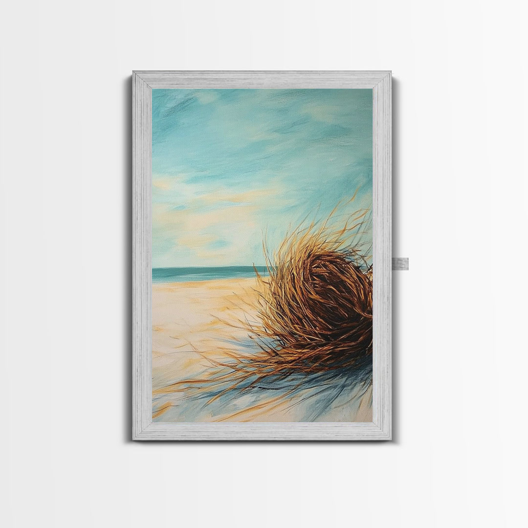 Beach Tumbleweed Painting Framed Canvas Print Coastal Wall Art Ocean Sand Decor Minimalist Art Boho Beach House Wall Accent