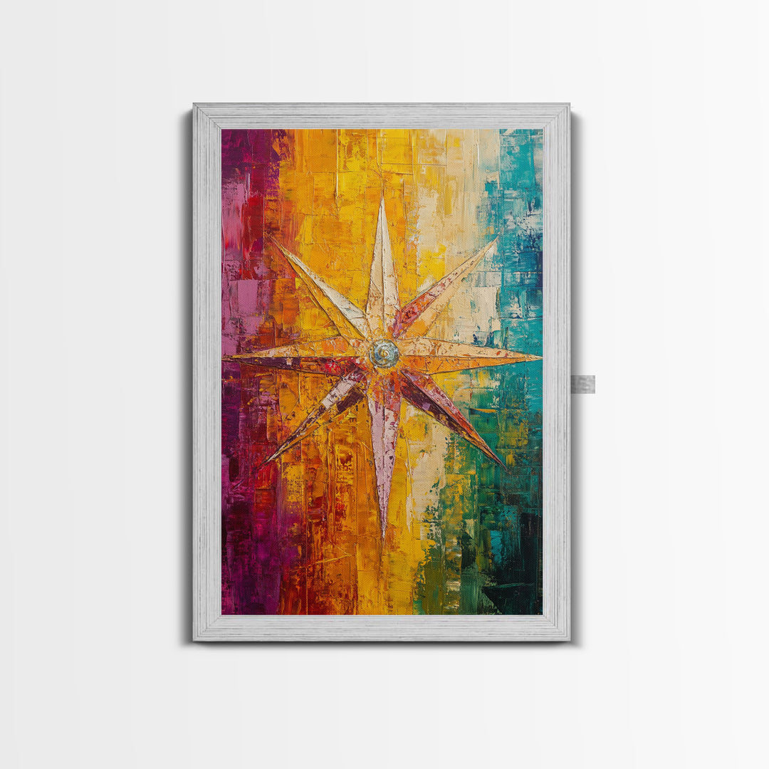 Compass Star Canvas Print Rustic Nautical Wall Art Adventure Decor Travel Lovers Gift Vibrant Abstract Living Room Artwork