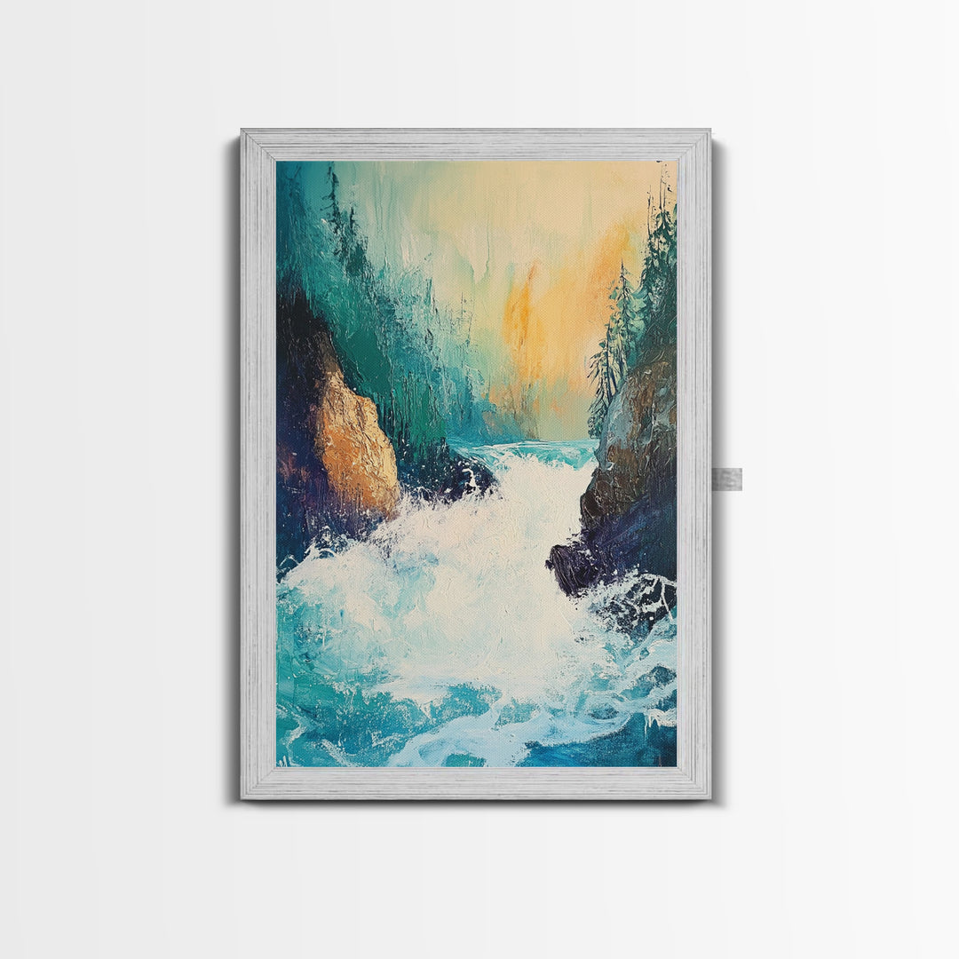Rushing Waterfall Framed Canvas Print Nature Landscape Wall Art, Wilderness River Painting, Cabin Art, Mountain Stream Artwork