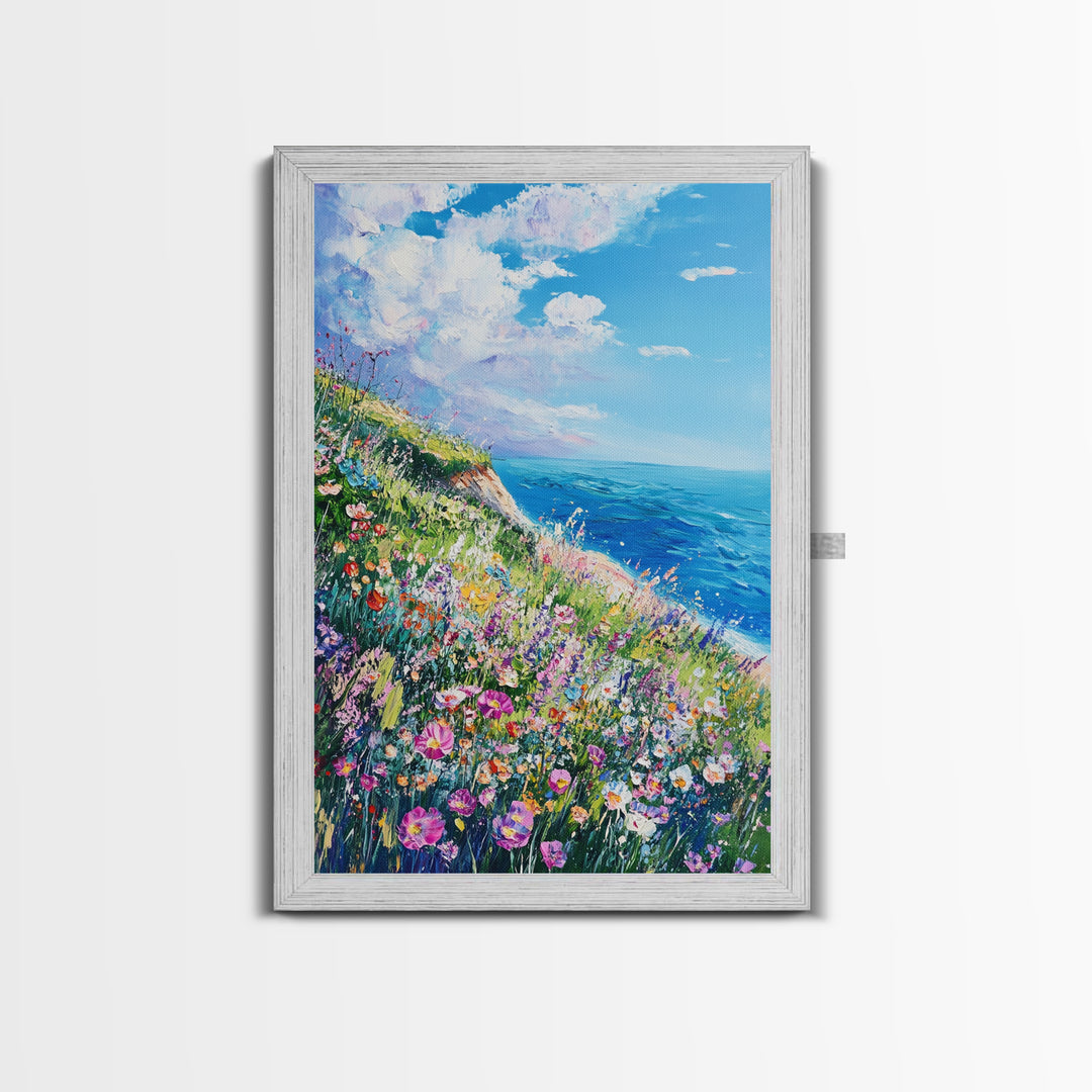 Ocean Cliffside Flowers Framed Canvas Print Coastal Landscape Wall Art, Wildflower Meadow Painting, Beach House Art, Seaside Decor