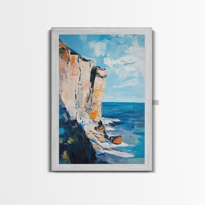 Coastal Cliff Art Framed Canvas Print | Beach Wall Decor | Ocean Landscape Painting | Seaside Home Art | Nautical Wall Art