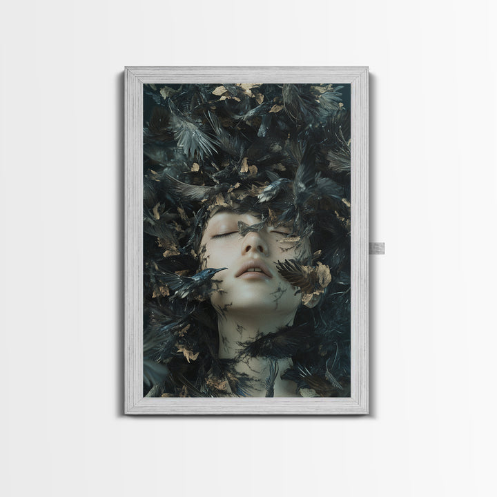 Dark Mystic Bird Canvas Print - Surreal Gothic Art, Moody Wall Decor, Dramatic Dreamscape Painting, Black Feather Fantasy Artwork